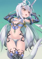  bare_shoulders bikini black_thighhighs blue_gloves breasts brown_eyes dragon_tail dragon_wings elbow_gloves fate/grand_order fate_(series) female forked_eyebrows galbany_(tsgororin) gloves goggles goggles_on_head highres horns long_hair looking_at_viewer lying melusine_(fate) melusine_(swimsuit_ruler)_(fate) melusine_(swimsuit_ruler)_(third_ascension)_(fate) navel on_back open_mouth sidelocks small_breasts solo swimsuit tail thighhighs thighlet thighs water white_bikini white_hair wings 