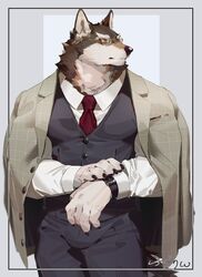  anthro canid canine canis claws clock clothing eyewear fuguri glasses hi_res jacket male mammal neck_tuft necktie portrait solo three-quarter_portrait topwear tuft watch wolf 