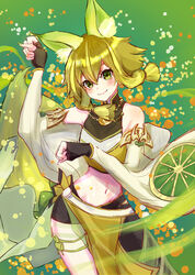  absurdres animal_ear_fluff animal_ears asymmetrical_legwear blonde_hair breasts crop_top detached_sleeves duel_monster female fingerless_gloves fox_ears fox_girl fox_tail gloves green_eyes green_hair hair_between_eyes highres hu-li_the_jewel_mikanko long_sleeves medium_breasts midriff multicolored_hair navel noppe paw_pose pelvic_curtain short_hair_with_long_locks single_leg_pantyhose smile solo streaked_hair tail wide_sleeves yu-gi-oh! 