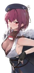  absurdres bare_shoulders black_gloves breasts cleavage collared_shirt earrings female fingerless_gloves gloves hay highres hololive houshou_marine houshou_marine_(businesswoman) id_card jewelry lanyard large_breasts logknn looking_at_viewer official_alternate_costume red_eyes red_hair see-through see-through_cleavage shirt sleeveless sleeveless_shirt solo virtual_youtuber white_background white_shirt 