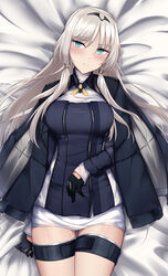  alternate_breast_size an-94_(girls&#039;_frontline) aqua_eyes bed bed_sheet black_coat black_gloves black_sweater blush breasts clenched_hand closed_mouth coat collarbone commentary_request dakimakura_(medium) eyebrows feet_out_of_frame female girls&#039;_frontline gloves hair_ornament hairband half_gloves hand_on_own_stomach head_tilt legs_together long_hair long_sleeves looking_at_viewer low_twintails lying miniskirt on_back on_bed parted_bangs platinum_blonde_hair salyut sidelocks skirt solo surprised sweater sweater_vest thigh_bands thighs twintails white_skirt 