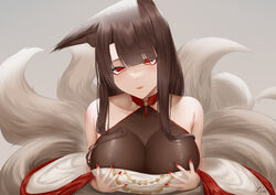  absurdres akagi_(azur_lane) akagi_(dawn_phoenix&#039;s_summons)_(azur_lane) animal_ear_fluff animal_ears artist_name azur_lane bare_shoulders blush bodystocking breasts brown_hair china_dress chinese_clothes cleavage closed_mouth collarbone dress female fox_ears fox_tail highres ichikushi_mojibake large_breasts lips long_hair looking_at_viewer nail_polish official_alternate_costume red_eyes red_nails shaded_face simple_background solo tail upper_body white_dress 