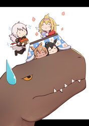  4girls :3 animal black_hair black_legwear black_shirt blonde_hair blush brown_eyes brown_hair closed_eyes closed_mouth commentary_request dark_skin dinosaur fang_out flying granblue_fantasy grey_hair halluel_(granblue_fantasy) head_wings highres jeanne_d&#039;arc_(granblue_fantasy) kotatsu letterboxed lucio_(granblue_fantasy) lying malluel_(granblue_fantasy) multiple_girls oerba_yun_fang on_stomach pantyhose sharp_teeth shirt short_sleeves simple_background smile steam sweatdrop table teeth tyrannosaurus_rex under_kotatsu under_the_table uneg white_background white_wings wings |_| 