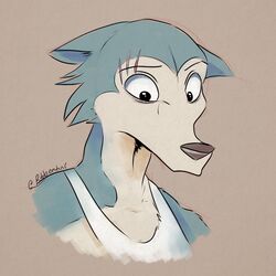  1:1 2021 anthro beastars canid canine canis cheek_tuft clothed clothing facial_tuft fur grey_body grey_fur hi_res legoshi_(beastars) male mammal ribbontini scar shirt signature solo tank_top topwear tuft wolf 