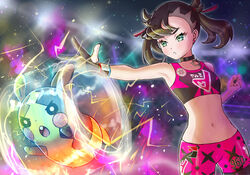  armpits asymmetrical_bangs asymmetrical_gloves bad_id bad_pixiv_id bike_shorts black_gloves black_hair black_nails black_pantyhose breasts clenched_teeth collar cowboy_shot female gloves green_eyes gym_challenge_uniform long_hair marnie_(pokemon) midriff morpeko morpeko_(full) nail_polish navel pantyhose pantyhose_under_shorts parted_lips pink_shorts pokemon pokemon_(creature) pokemon_swsh print_shorts setta_shu short_shorts shorts single_glove small_breasts sports_bra spotlight standing stomach teeth twintails uneven_gloves 