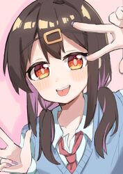  :p black_hair blue_vest brown_eyes commentary_request double_w female fingernails hair_ornament hair_over_shoulder hairclip hand_up highres light_blush long_fingernails long_hair looking_at_viewer low_twintails multicolored_hair nail_polish necktie nekomotowata onii-chan_wa_oshimai! oyama_mihari pink_background purple_hair purple_nails red_necktie shirt simple_background solo tongue tongue_out twintails two-tone_hair upper_body vest w white_shirt wing_collar 