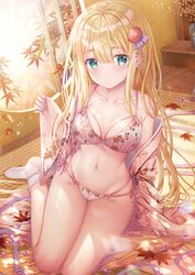  blonde_hair bra breasts collarbone dengeki_moeou female green_eyes hair_between_eyes hair_ornament highres inagaki_minami indoors japanese_clothes kimono leaf long_hair looking_at_viewer navel open_clothes open_kimono open_shirt original panties print_bra print_kimono side-tie_panties simple_background sitting small_breasts smile socks solo sousouman string_panties sunlight tattoo twinbox_school underwear white_background white_bra white_socks wide_sleeves window 