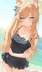  animal_ear_fluff animal_ears bare_arms bare_shoulders beach black_one-piece_swimsuit blue_archive blue_eyes blue_sky blush braid breasts casual_one-piece_swimsuit closed_mouth cloud commentary_request cowboy_shot female flower frilled_one-piece_swimsuit frills hair_between_eyes hair_flower hair_ornament halo highres long_hair looking_at_viewer mari_(blue_archive) mari_(swimsuit)_(blue_archive) ocean official_alternate_costume one-piece_swimsuit orange_hair outdoors sky small_breasts smile solo standing swimsuit teti very_long_hair water yellow_halo 