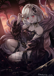  alter_ego_malevolent_(granblue_fantasy) asymmetrical_legwear bad_id bad_pixiv_id black_footwear black_nails breasts cleavage collarbone crop_top djeeta_(granblue_fantasy) earrings female granblue_fantasy hair_intakes hair_ornament holding jewelry looking_at_viewer medium_breasts medium_hair mohurine_cute nail_polish off_shoulder red_eyes sitting solo thigh_strap tongue tongue_out twitter_username uneven_legwear white_hair x_hair_ornament 