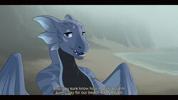  16:9 animator_sammy anthro beach claws cliff closed_eyes dragon ear_fins english_text fake_screencap female fin fog hi_res mythological_creature mythological_scalie mythology norna reptile scalie seaside smile solo striped_body stripes teeth text tiko water widescreen wings 