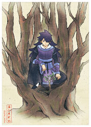  1boy bad_id bad_pixiv_id black_hair black_pants fengxi_(the_legend_of_luoxiaohei) hair_over_one_eye june_mina leaf long_hair long_sleeves luo_xiaohei_zhanji male_focus pants plant pointy_ears sitting smile solo tree wide_shot 