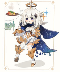  :q blush cape copyright_name female food fork full_body genshin_impact hair_ornament halo long_sleeves medium_hair paimon_(genshin_impact) purple_eyes romper ryu_(17569823) single_thighhigh solo spoon thighhighs thought_bubble tongue tongue_out white_footwear white_hair white_romper white_thighhighs 