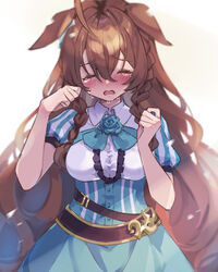  absurdres animal_ears blue_flower blue_rose blue_skirt blush braid breasts brown_hair center_frills closed_eyes collared_shirt commentary_request crying facing_viewer female flower frills grey_background hair_between_eyes highres horse_ears long_hair medium_breasts mejiro_bright_(umamusume) mola_mola nose_blush open_mouth puffy_short_sleeves puffy_sleeves rose shirt short_sleeves skirt solo striped tears twin_braids umamusume vertical_stripes very_long_hair wavy_hair white_shirt 