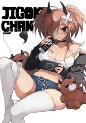  black_choker black_horns black_nails blue_shorts bra breasts brown_hair character_name choker cleavage drink ear_piercing energy_drink eyepatch female hair_ornament highres holding holding_drink horns kmnk_(kumanuko) medical_eyepatch open_mouth original piercing shorts simple_background stuffed_animal stuffed_toy teddy_bear thighhighs twintails underwear white_background white_bra white_thighhighs x_hair_ornament zone_(energy_drink) 