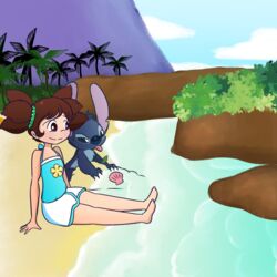  1:1 4_fingers 5_fingers alien ambiguous_gender barefoot beach blue_body blue_claws blue_clothing blue_eyes blue_fur blue_nose blue_swimwear brown_eyes brown_hair chest_tuft claws clothing day digital_drawing_(artwork) digital_media_(artwork) disney duo experiment_(lilo_and_stitch) feet female fingers fur hair head_tuft hi_res human leaf lilo_and_stitch long_ears male_(lore) mammal mountain navel notched_ear outside palm_tree plant ryuko_rose seashell seaside shell shirt sitting smile stitch! stitch_(lilo_and_stitch) swimwear tank_top tongue tongue_out topwear tree tropical tuft water yuna_kamihara 