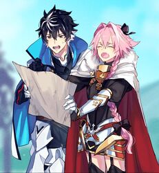  2boys armor astolfo_(fate) black_bow black_hair blue_cape bow braid cape charlemagne_(fate) cloak closed_eyes commentary_request fate/apocrypha fate/extella fate/extella_link fate/extra fate_(series) fur_trim garter_straps gauntlets hair_intakes highres holding holding_map long_braid long_hair looking_at_map male_focus map multicolored_hair multiple_boys oerba_yun_fang ono_matope open_mouth pink_hair pointing red_cloak short_hair single_braid skin_fang streaked_hair sweatdrop thighhighs two-tone_hair white_cape white_cloak white_hair 