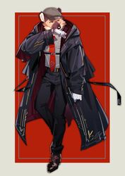  absurd_res anthro clothed clothing coat dress_shoes fuguri full-length_portrait gloves handwear hat headgear headwear hi_res hyena male mammal necktie portrait solo topwear trenchcoat 