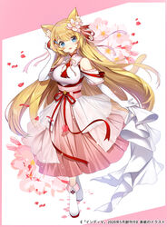  animal_ears apple_caramel bare_shoulders blonde_hair blue_eyes blush breasts cat_ears cherry_blossoms commentary_request dress elbow_gloves female flower full_body gloves hair_flower hair_ornament hanazono_serena highres indie_virtual_youtuber large_breasts long_hair looking_at_viewer open_mouth photoshop_(medium) pink_dress pink_flower pink_ribbon red_ribbon ribbon shoes smile solo very_long_hair virtual_youtuber white_footwear white_gloves 