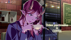  cafe cigarette coffee coffee_mug coffee_talk colored_skin cup del-chan demon_girl english_text female highres horns indoors jacket long_hair looking_down lua_(coffee_talk) mug pointy_ears purple_skin sitting smoking solo window 