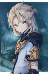  1boy absurdres albedo_(genshin_impact) bare_tree blonde_hair blue_eyes blurry blurry_background genshin_impact hair_between_eyes highres hood jacket kiri_celea long_hair looking_at_viewer male_focus night short_sleeves smile snow solo tree upper_body vision_(genshin_impact) white_jacket 