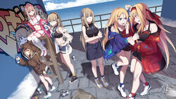  6+girls alternate_costume black_shirt black_socks blonde_hair blue_eyes blue_jacket blue_sky braid breasts brown_hair cartonbox_(zhixiang_zhi) character_request check_commentary commentary_request constellation_(warship_girls_r) day denim denim_shorts denim_skirt feather_hair_ornament feathers folded_ponytail french_braid graffiti hair_ornament hairband hairclip highres hood hoodie jacket large_breasts lexington_(cv-16)_(warship_girls_r) lexington_(warship_girls_r) long_hair long_sleeves multiple_girls outdoors pavement phelps_(warship_girls_r) platinum_blonde_hair red_jacket saratoga_(warship_girls_r) shirt shoes short_shorts shorts skirt sky sleeveless sleeveless_shirt sneakers socks spray_can spray_paint standing wall warship_girls_r white_legwear 