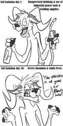  1:2 2020 alcohol alpha_channel annoyed anthro beard beverage bottle bovid caprine clenched_teeth container damaged digital_drawing_(artwork) digital_media_(artwork) ear_piercing english_text facial_hair front_view frown fur goat grin hi_res hooves horn krolik looking_at_viewer male mammal monochrome open_mouth piercing portrait pose scar signature smile solo standing teeth text three-quarter_portrait tongue tools welder 