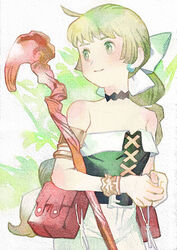  bare_shoulders choker closed_mouth female green_eyes green_hair long_hair multi-tied_hair ponytail ribbon saga saga_frontier_2 sarmat shorts smile solo staff very_long_hair virginia_knights 