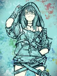  female fukuhara_tetsuya glasses gloves granblue_fantasy hand_in_pocket highres hood hoodie illnott_(granblue_fantasy) paint_splatter shorts smile solo splatter_background zipper 