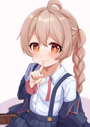  absurdres ahoge black_jacket black_skirt blush bra bra_peek braid braided_ponytail brown_eyes brown_footwear commentary female finger_to_mouth hair_between_eyes highres jacket light_brown_hair long_hair looking_at_viewer neck_ribbon nekomotowata off_shoulder onii-chan_wa_oshimai! open_clothes open_jacket oyama_mahiro partially_unbuttoned pleated_skirt red_ribbon ribbon shirt shoes shushing simple_background sitting skirt smile solo suspender_skirt suspenders underwear undone_neck_ribbon white_background white_shirt wing_collar yellow_bra 