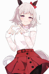  animal_ears belt black_pantyhose blush breasts closed_mouth commentary_request cowboy_shot curren_chan_(umamusume) female grey_background grey_hair hands_up heart heart_hands highres horse_ears horse_girl horse_tail long_sleeves musicccc pantyhose purple_eyes red_skirt shirt shirt_tucked_in short_hair skirt small_breasts smile smug solo tail translated umamusume white_shirt 