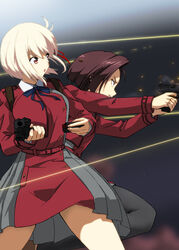  2girls belt black_pantyhose blonde_hair blue_ribbon bob_cut brown_hair bullet collared_shirt dress enfuku firing glock grey_dress gun handgun harukawa_fuki holding holding_gun holding_magazine_(weapon) holding_weapon long_sleeves looking_to_the_side lycoris_recoil lycoris_uniform m1911 magazine_(weapon) multiple_girls neck_ribbon nishikigi_chisato open_mouth pantyhose pleated_dress red_belt red_dress red_eyes reloading ribbon school_uniform shirt thighhighs two-tone_dress weapon white_shirt 