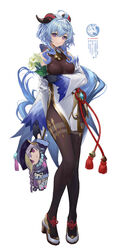  2girls absurdres ahoge bare_shoulders bead_necklace beads black_pantyhose blue_hair braid braided_ponytail breasts commentary detached_sleeves flower ganyu_(genshin_impact) genshin_impact goat_horns half-closed_eyes hat high_heels highres horns jewelry jiangshi long_hair long_sleeves looking_at_viewer multiple_girls necklace pantyhose purple_eyes qingxin_flower qiqi_(genshin_impact) simple_background smile takubon white_background 