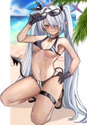  absurdres adjusting_eyewear beach bikini black_bikini black_choker black_gloves blue_archive blush bow breasts choker closed_mouth demon_tail eyewear_on_head female full_body gloves grey_hair hair_between_eyes hair_over_one_eye hairbow hand_on_eyewear hand_on_own_hip highres iori_(blue_archive) iori_(swimsuit)_(blue_archive) kneeling korean_commentary long_hair looking_at_viewer multi-strapped_bikini_bottom navel outdoors pointy_ears purple_eyes rudang sandals simple_background small_breasts smile solo swimsuit tail twintails very_long_hair wet 