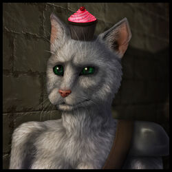  1:1 anthro armor black_border black_lips border breasts brick_wall cupcake domestic_cat felid feline felis female food front_view fur glistening glistening_eyes green_eyes grey_body grey_ears grey_fur lips mammal pink_inner_ear red_nose shadow skyelegs solo wall_(structure) whiskers 