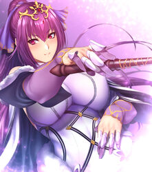  breasts dress fate/grand_order fate_(series) female fur-trimmed_dress fur_trim hair_between_eyes headpiece holding holding_wand large_breasts looking_at_viewer purple_dress purple_hair purple_ribbon red_eyes ribbon scathach_(fate) scathach_skadi_(fate) scathach_skadi_(third_ascension)_(fate) smile solo tiara wand zucchini 