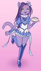  2020 accessory anthro boots cake clothed clothing dessert digital_media_(artwork) domestic_cat dress ellen_kurokawa felid feline felis female food footwear fur hair hair_accessory hair_ribbon hi_res kemono knee_boots knee_highs legwear looking_at_viewer mammal open_mouth pretty_cure purple_body purple_fur purple_hair pyritie ribbons simple_background solo suite_precure yellow_eyes 