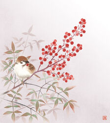  animal bad_id bad_pixiv_id berry bird branch eurasian_tree_sparrow june_mina leaf no_humans original plant sparrow white_background 