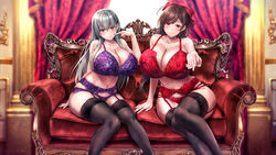  2girls ahoge alternate_breast_size aqua_hair bare_shoulders black_thighhighs bra breasts brown_hair collarbone commentary_request commission couch garter_belt hair_ornament hair_ribbon hairclip highres huge_breasts indoors jk_ssma kantai_collection long_hair looking_at_viewer mamiya_(kancolle) multiple_girls navel on_couch panties purple_bra purple_eyes purple_garter_belt purple_panties red_bra red_garter_belt red_panties red_ribbon ribbon sitting skeb_commission smile suzuya_(kancolle) thighhighs underwear underwear_only 