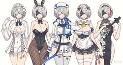  2b_(nier:automata) animal_ears apron arm_cuffs bare_shoulders belt beret black_belt black_blindfold black_dress black_gloves black_leotard black_ribbon blindfold blue_necktie blunt_bangs blush braid breasts broom chest_strap china_dress chinese_clothes cleavage cleavage_cutout clothing_cutout collared_shirt cosplay covered_eyes covered_navel cropped_jacket detached_collar detached_sleeves dress earrings fake_animal_ears female fishnet_pantyhose fishnets flower frills gloves goddess_of_victory:_nikke hair_ribbon hand_fan hat highleg highleg_leotard highres holding holding_fan i_(kotombre_0370) jewelry leotard maid maid_apron maid_headdress military_hat necktie nier:automata nier_(series) no_panties noir_(nikke) noir_(nikke)_(cosplay) noise_(cherry_blossom_stage)_(nikke) noise_(nikke) noise_(nikke)_(cosplay) open_mouth pantyhose pleated_dress pleated_skirt puffy_short_sleeves puffy_sleeves rabbit_ears rapi_(nikke) rapi_(nikke)_(cosplay) ribbon see-through see-through_sleeves shirt short_hair short_sleeves simple_background skirt sleeveless soda_(nikke) soda_(nikke)_(cosplay) strap strapless strapless_leotard suspenders thigh_gap thigh_strap thighhighs thighs two-tone_gloves white_background white_blindfold white_dress white_flower white_gloves white_hair white_ribbon white_shirt white_thighhighs yan_(nikke) yan_(nikke)_(cosplay) 