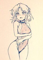  alternate_costume bare_legs braid breasts commentary_request covered_navel d-m_(dii_emu) eyelashes female french_braid greyscale looking_at_viewer mizuhashi_parsee monochrome one-piece_swimsuit open_mouth pointy_ears short_hair swimsuit touhou traditional_media 