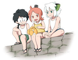  2boys a&#039;gen_(the_legend_of_luoxiaohei) bad_id bad_pixiv_id bidiu_(the_legend_of_luoxiaohei) black_footwear black_hair blue_shorts brown_shorts female green_eyes green_shorts heixiu june_mina lolicon luo_xiaobai luo_xiaohei luo_xiaohei_(human) luo_xiaohei_zhanji multiple_boys no_nose open_mouth pink_eyes pink_hair sandals shirt shorts sitting sleeveless sleeveless_shirt smile tank_top white_background white_hair white_tank_top yellow_shirt 