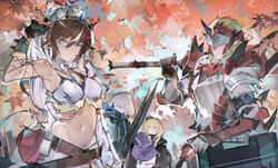  2boys 2girls absurdres arknights armor autumn_leaves black_headwear black_jacket blonde_hair blue_eyes bra breasts brown_hair day durin_(arknights) hair_between_eyes hand_up highres horns jacket jewelry jumbowhopper kirin_(armor) kirin_r_yato_(arknights) looking_at_viewer monster_hunter_(series) multicolored_hair multiple_boys multiple_girls navel necklace noir_corne_(arknights) official_alternate_costume open_clothes open_jacket outdoors rangers_(arknights) rathalos_(armor) rathalos_s_noir_corne_(arknights) shirt small_breasts stomach streaked_hair underwear visor_(armor) white_bra white_shirt yato_(arknights) 