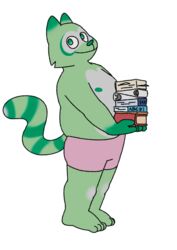  4_toes alpha_channel anthro book bottomwear carrying_another clothing digital_media_(artwork) feet fred_(fredrick_brennan) fur green_body green_fur hi_res holding_object looking_at_viewer male mammal mouth_closed nipples overweight overweight_anthro overweight_male pocketfurry procyonid raccoon shorts side_view solo standing toes 