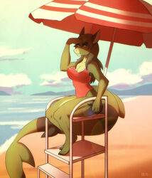  2021 4_toes 5_fingers anthro beach beach_umbrella breasts clothed clothing cloud digital_media_(artwork) eri-yo feet female fingers fish hair hi_res lens_flare lifeguard lifeguard_swimsuit marine non-mammal_breasts one-piece_swimsuit outside parasol seaside shaded shark shark_tail sitting sky solo swimwear tensai toes 