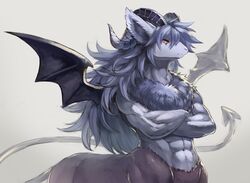  abs biceps black_horn black_wings bovid bovid_taur caprine caprine_demon caprine_taur claws colored crossed_arms curled_horn demon digital_media_(artwork) eye_markings eyelashes fluffy fluffy_ears front_view fur goat goat_demon goat_taur grey_background grey_body grey_ears grey_fur grey_hair grey_inner_ear grey_tail hair half-length_portrait horn kemono lastes_(whitexterior) long_hair long_tail looking_at_viewer male mammal mammal_taur markings membrane_(anatomy) membranous_wings monotone_hair monotone_tail multicolored_body multicolored_fur muscular muscular_male muscular_taur neck_tuft nude portrait purple_eyes quadruped ridged_horn shaded simple_background snout solo spade_tail standing tail taur three-quarter_view tuft two_tone_body two_tone_fur whitexterior wing_claws wings yellow_sclera 