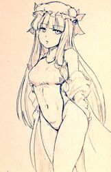  alternate_costume bare_legs breasts commentary_request covered_navel cowboy_shot crescent d-m_(dii_emu) dress eyelashes female greyscale hat long_hair long_sleeves looking_at_viewer medium_breasts mob_cap monochrome one-piece_swimsuit open_mouth patchouli_knowledge swimsuit swimsuit_under_clothes touhou traditional_media undressing very_long_hair 