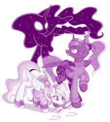  alicorn bodily_fluids bottomwear celesti clothing didelphid dstears equid friendship_is_magic hair hasbro hi_res horn magnifying_glass mammal marsupial my_little_pony nervous ponytail princess_luna_(mlp) purple_theme simple_background skirt spirit sweat sweatdrop sweater tantabus tiberius_(mlp) topwear virginia_opossum white_background wings 