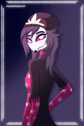  2:3 absurd_res anthro avian beanie bird black_body black_hair clothed clothing demon female hair hat headgear headwear helluva_boss hi_res humanoid octavia_(helluva_boss) owl owl_demon pink_eyes risangdrawstuff shaded simple_background simple_shading solo 