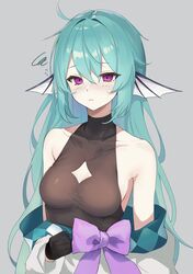  absurdres ahoge black_gloves bow cleavage_cutout clothing_cutout female finana_ryugu finana_ryugu_(2nd_costume) fins genso_(thereisnosauce) gloves green_hair hair_down halterneck head_fins highres japanese_clothes kimono long_hair nijisanji nijisanji_en official_alternate_costume purple_bow purple_eyes sleepy solo virtual_youtuber white_kimono 