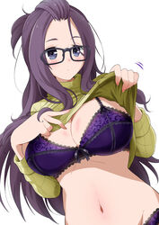  absurdres arms_up bangs_pinned_back black-framed_eyewear blue_eyes blush bow bow_bra bra breasts cleavage clothes_lift eggman_(pixiv28975023) female forehead glasses green_sweater highres kagamihara_sakura lace_trim large_breasts lifting_own_clothes long_hair long_sleeves looking_at_viewer navel panties purple_bra purple_eyes purple_hair purple_panties revision ribbed_sweater simple_background solo stomach sweater sweater_lift underwear upper_body white_background yurucamp 